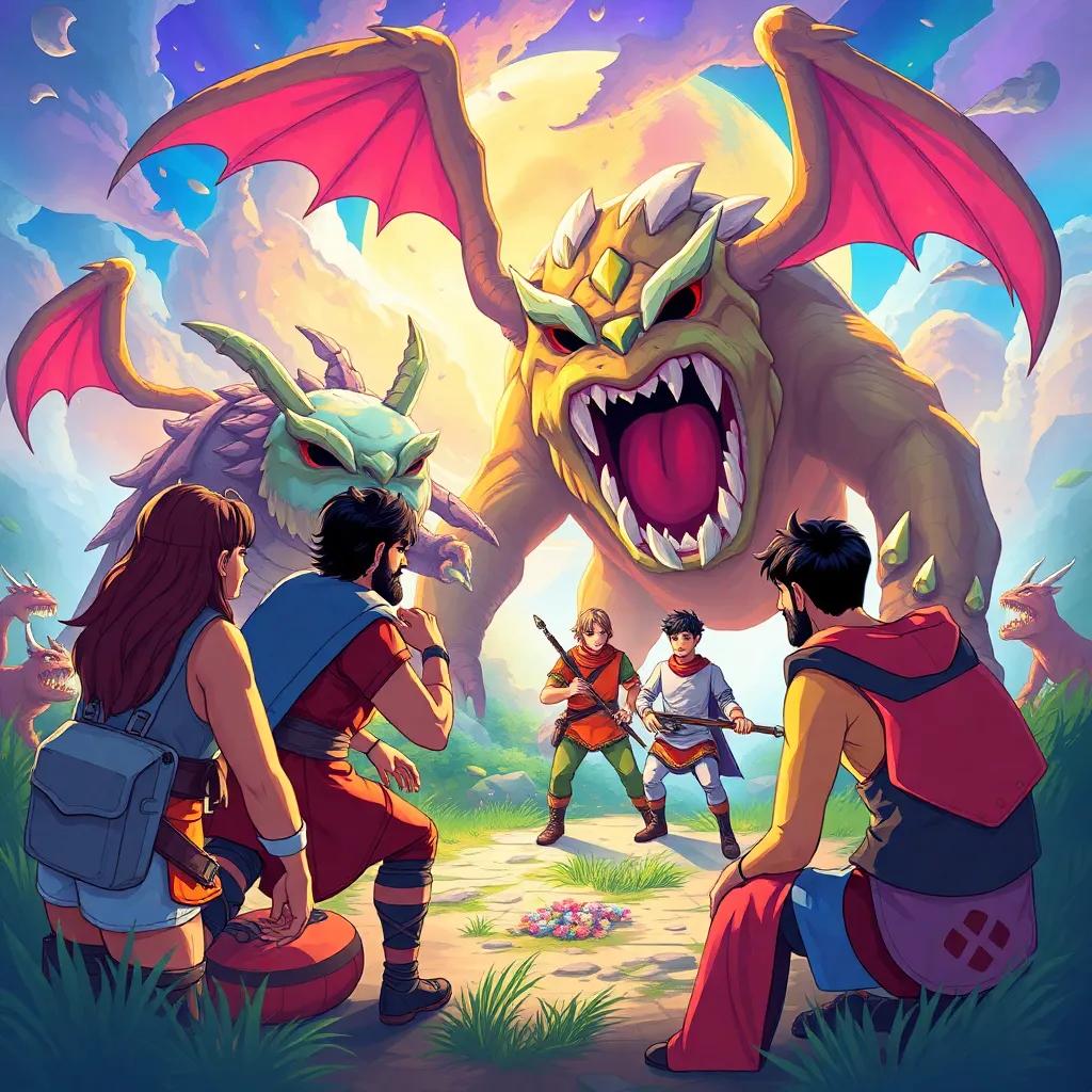 Suleiman strategizing with his friends against giant creatures, showing teamwork and excitement, colorful fantasy setting, action-packed atmosphere, engaging, digital art, bright, cheerful