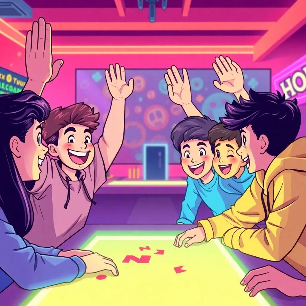 Suleiman and his friends celebrating their victory with smiles and high-fives, colorful gaming room, cheerful and lively atmosphere, illustration, joy-filled moment, child-friendly, creative