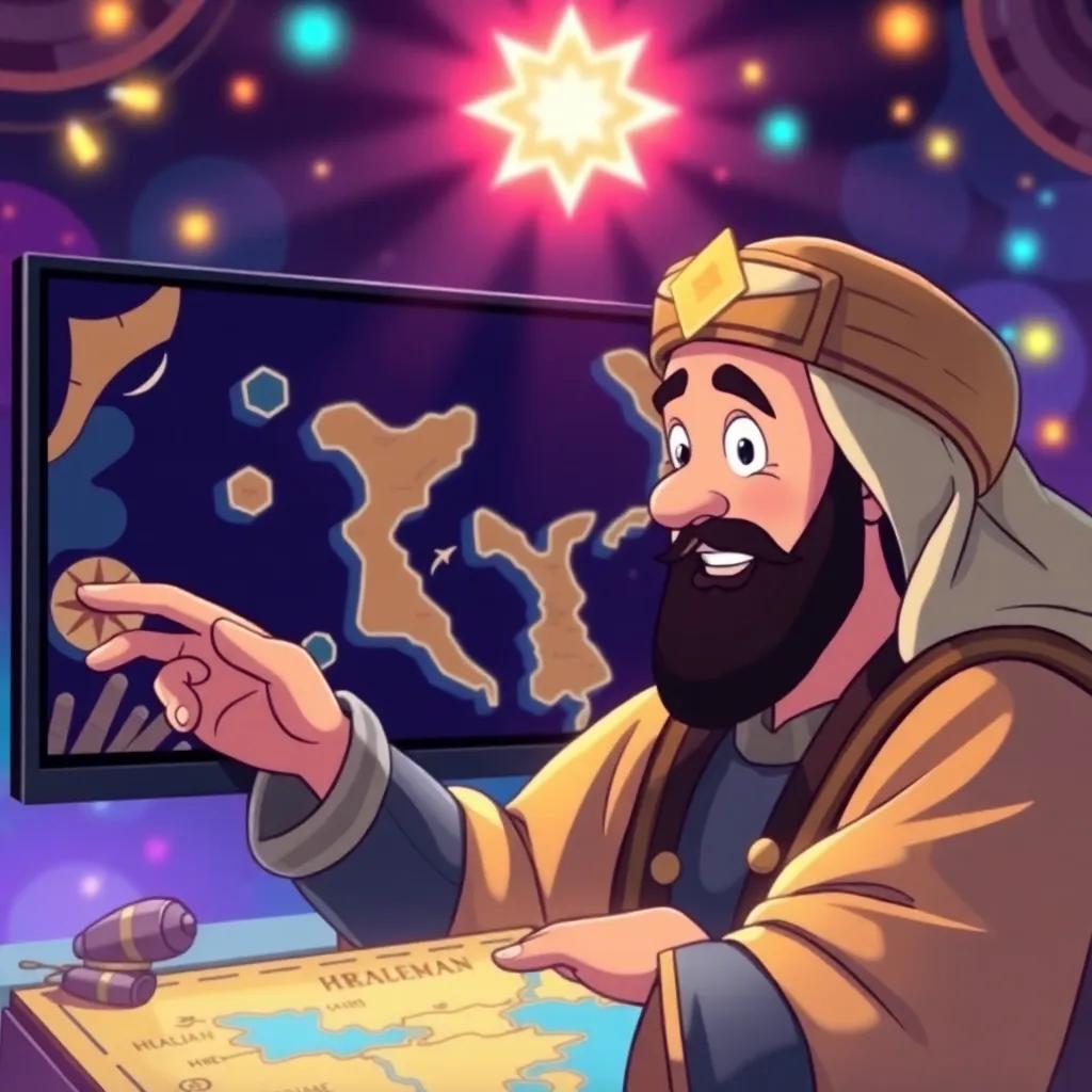 Suleiman gesturing towards a treasure map on the screen with excitement, surrounded by vibrant game graphics, colorful lights shining, child-friendly illustration, thrilling feel, engaging view