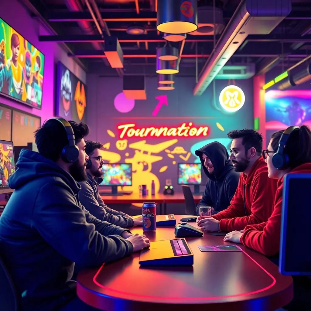 Suleiman and his friends talking excitedly about organizing their own gaming tournament, vibrant gaming room, colorful atmosphere, digital art, lively and engaging scene, high quality