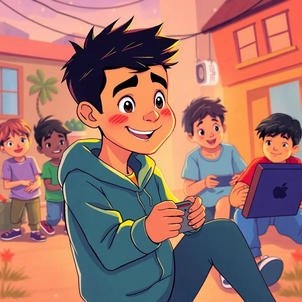 Suleiman, known for his love of video games, being a role model to other kids in the neighborhood, colorful background of kids playing together, warm atmosphere, inspiring illustration, friendly and exciting scene