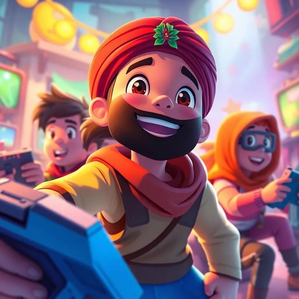 Suleiman's gaming adventure connecting him with friends and inspiring teamwork, colorful and vibrant gaming scene, dynamic and engaging, imaginative atmosphere, digital art, child-friendly