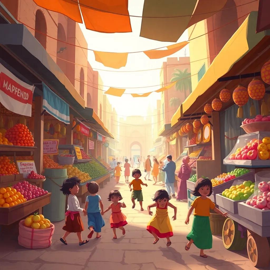 A bustling market scene in ancient Baghdad with children playing in the streets, colorful stalls full of fruits, warm sunlight brightening the scene, portraying joy and energy, digital art, vibrant colors, lively atmosphere, high quality