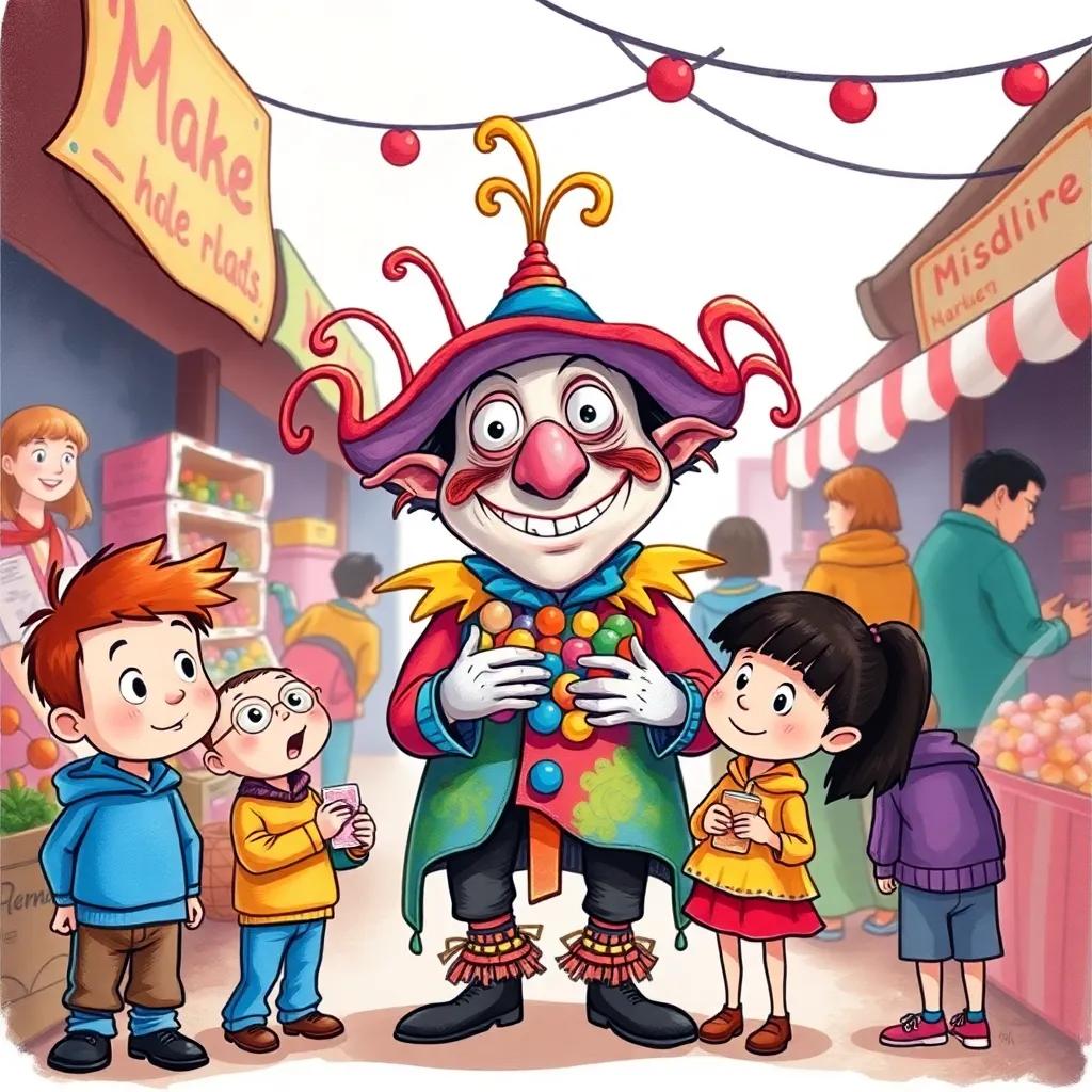 A strange merchant with colorful, flamboyant clothes, smiling in a peculiar way while offering candies to kids standing wide-eyed, surrounded by a lively market scene, illustration, cheerful, captivating, child-friendly