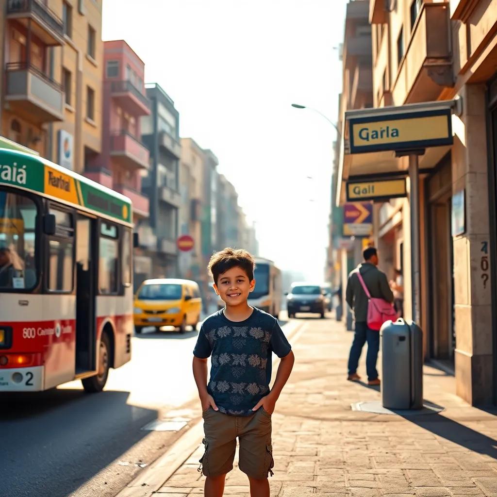 A vibrant street in Cairo with two young boys, Samir and Adel, standing excitedly at the bus stop, bright morning light, lively atmosphere, detailed, digital art