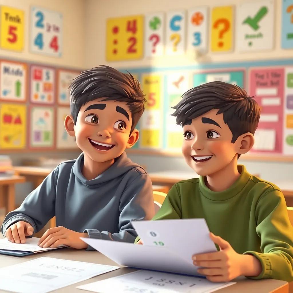 Two boys, Samir and Adel, sitting in a classroom filled with colorful posters, discussing math problems enthusiastically, cheerful expressions, warm light, engaging classroom setting, illustration