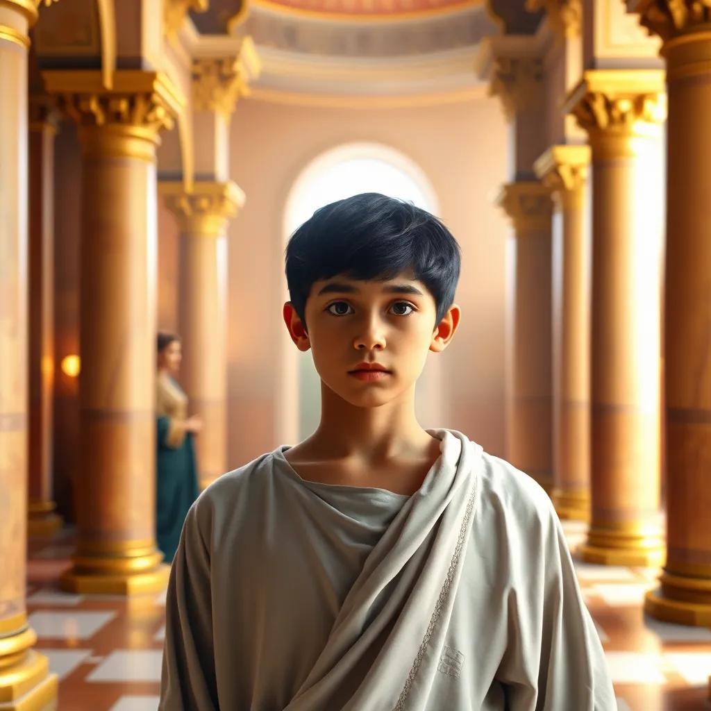 A young Arab boy, Musa, with short black hair, wearing a simple tunic, standing in a palace with golden pillars, looking determined and sad, digital art, warm colors, vibrant atmosphere, inspirational view, high quality