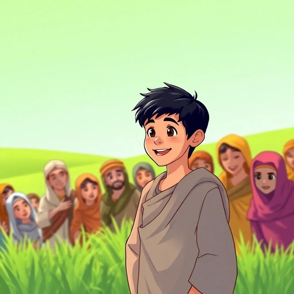 A young Arab boy, Musa, with short black hair, wearing a simple tunic, speaking to a group of villagers in a green field, filled with hope and joy, cheerful illustration, bright colors, uplifting moment, high quality