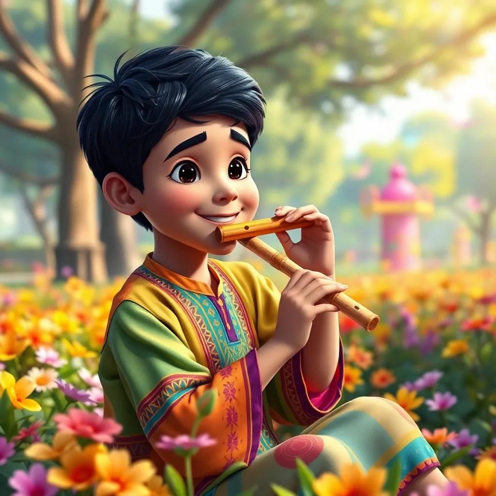 A young Egyptian boy, سيد درويش, with short black hair, wearing a colorful traditional shirt, sitting in a park full of flowers and trees, playing a magical flute that creates vibrant colors around him, digital art, joyful, bright colors, festive atmosphere, high quality