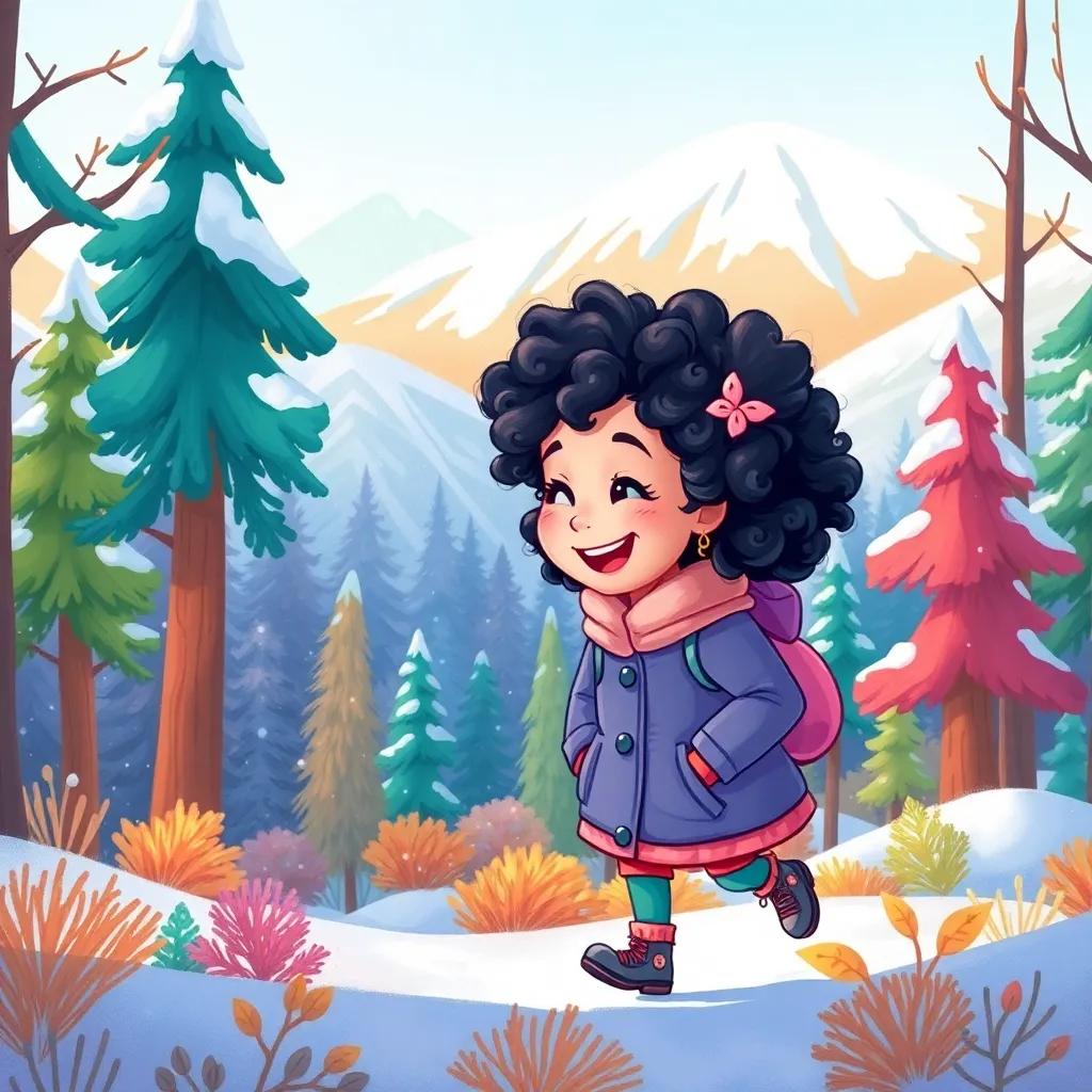 A colorful forest with snow-capped hills, a young girl, with curly black hair in a warm winter coat, playing and laughing with her friend, Shadi, a young boy with short brown hair wearing a bright blue jacket, under a clear sky, joyful atmosphere, playful scene, digital art, vivid colors, high quality