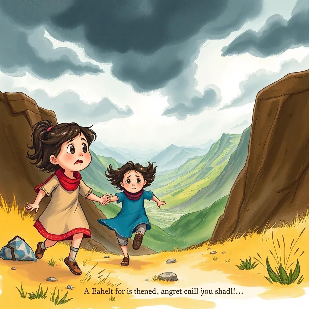 A scene of a young girl calling for her friend, Shadi, with a worried look, as he runs toward a valley, dark clouds in the background foreshadowing danger, energetic and tense atmosphere, detailed illustration, clear colors, engaging perspective
