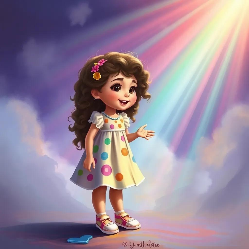 A young girl, Reema, with curly brown hair, wearing a colorful dress and shiny shoes, talking excitedly to her friend Qusay under a bright rainbow, cheerful, vibrant, child-friendly, digital art, colorful atmosphere, high quality