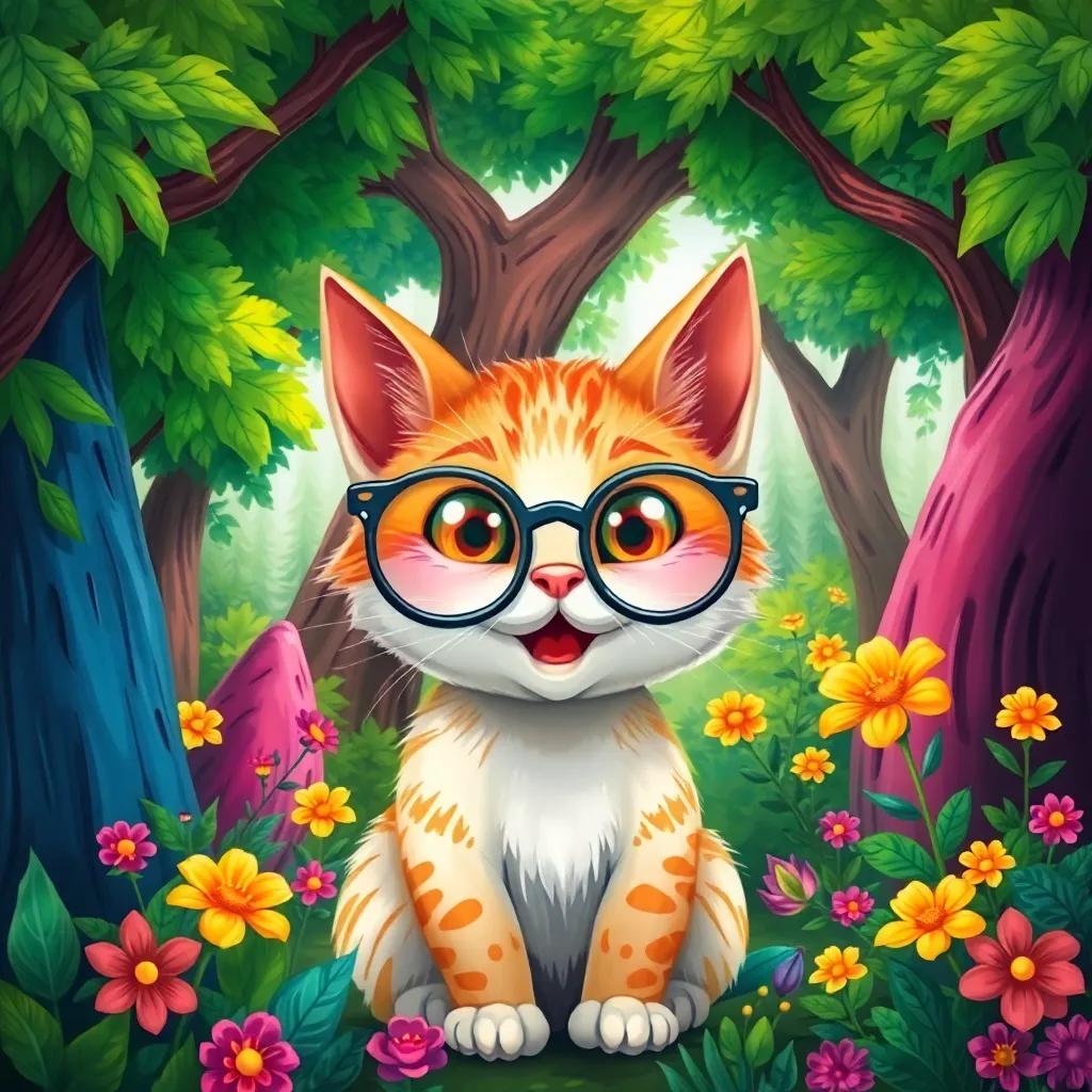 A playful cat, Silly, wearing large glasses, meeting Reema and Qusay in a small colorful forest, surrounded by lush green trees and bright flowers, illustration, whimsical, engaging adventure scene, bright colors, high quality