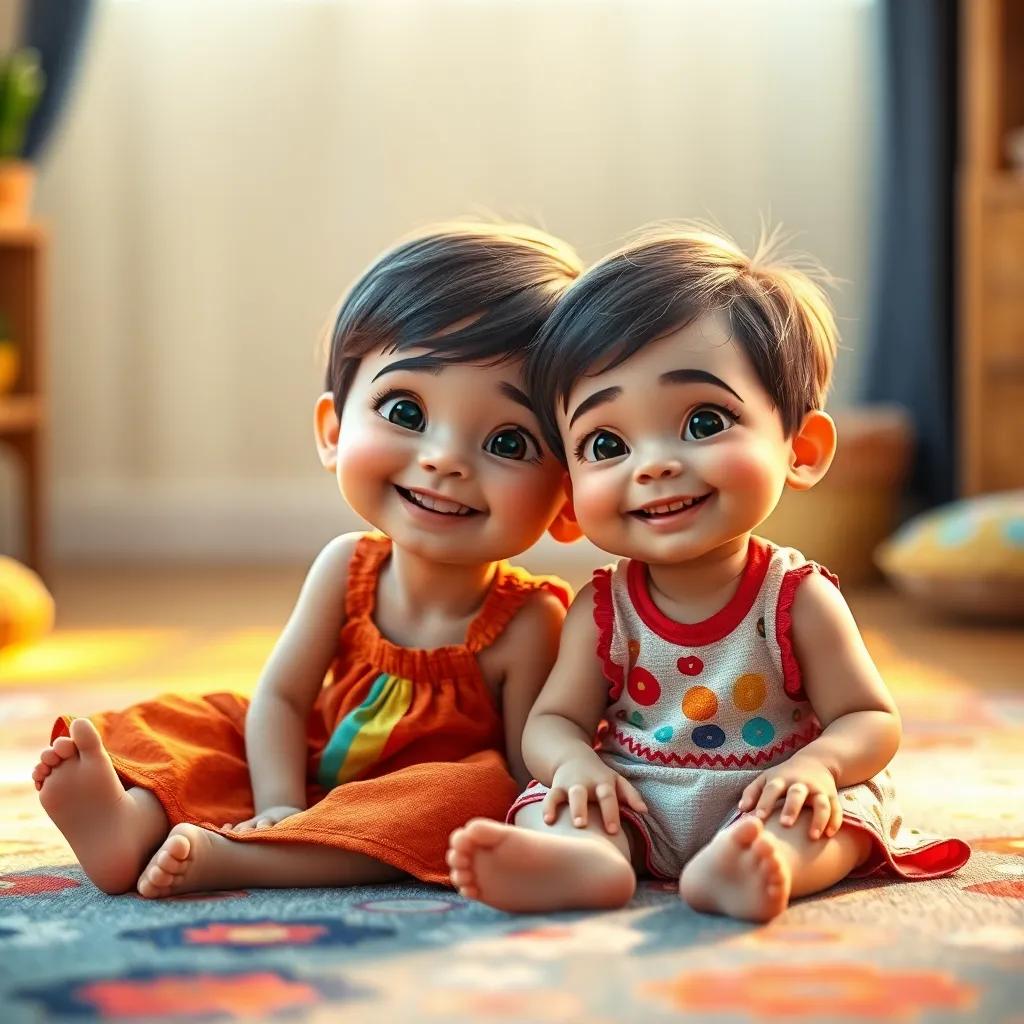 A cheerful little girl, Shatha, with short hair, wearing a colorful dress, sitting on a carpet with her 8-month-old baby brother, both smiling and playing, bright and playful atmosphere, digital art, vibrant colors, warm light, high quality