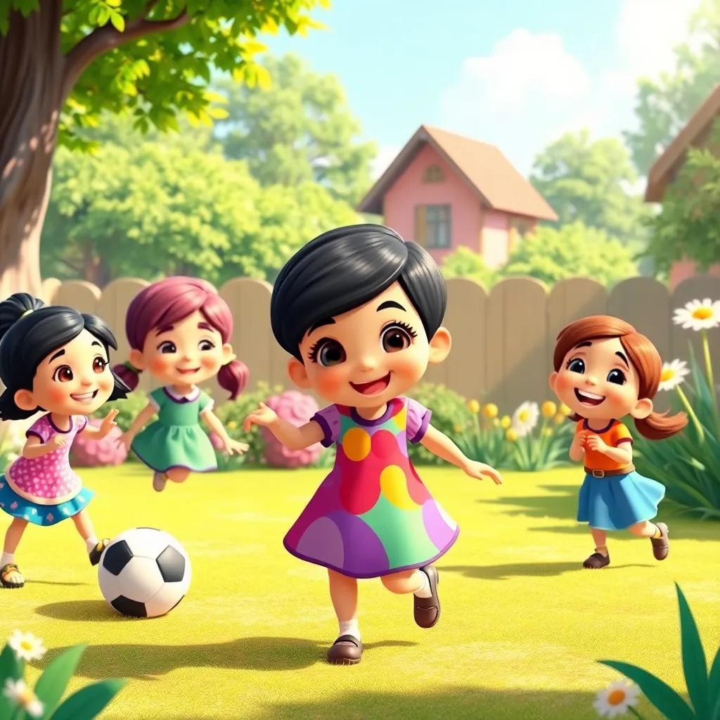 Shatha, the little girl with short hair in a colorful dress, playing with her friends in a sunny garden, laughing and kicking a ball, cheerful scene, child-friendly illustration, bright and lively colors, high quality