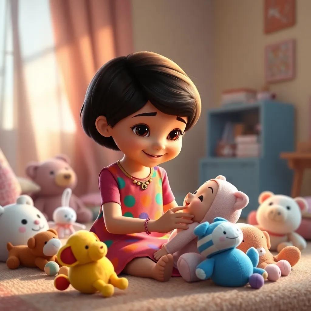 Shatha, with short hair in a colorful dress, pretending to be a mother, playing with her baby brother surrounded by soft toys, gentle light, warm and loving atmosphere, illustration, high quality