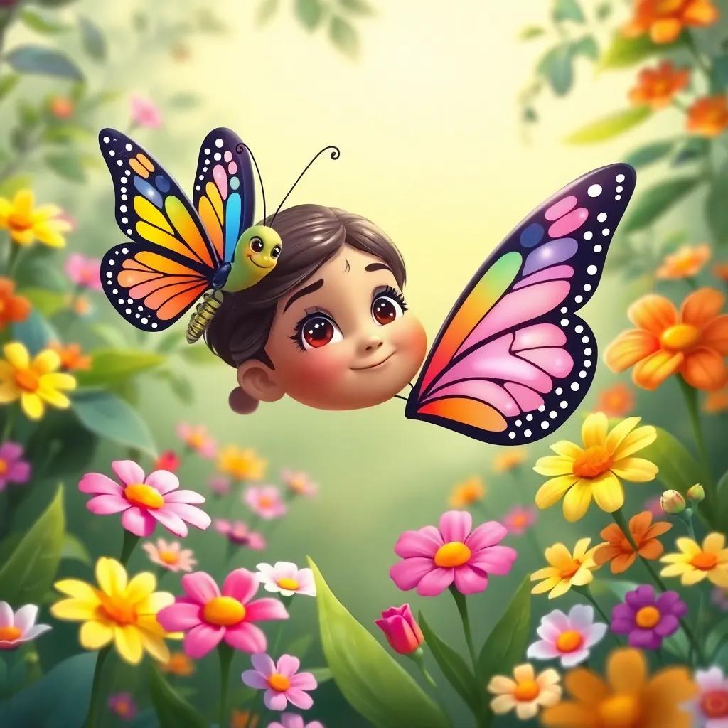A colorful butterfly fluttering around Shatha in the garden, with bright flowers around her, child-friendly illustration, vibrant colors, joyful feel, high quality
