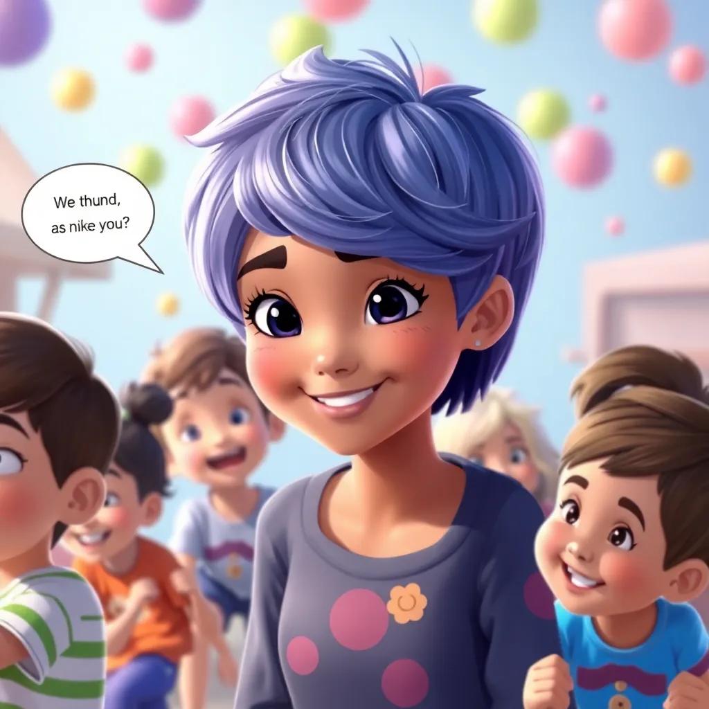 Shatha with short hair, smiling and answering her friend in a playful way, surrounded by kids playing, cheerful atmosphere, illustration, bright and engaging colors, high quality