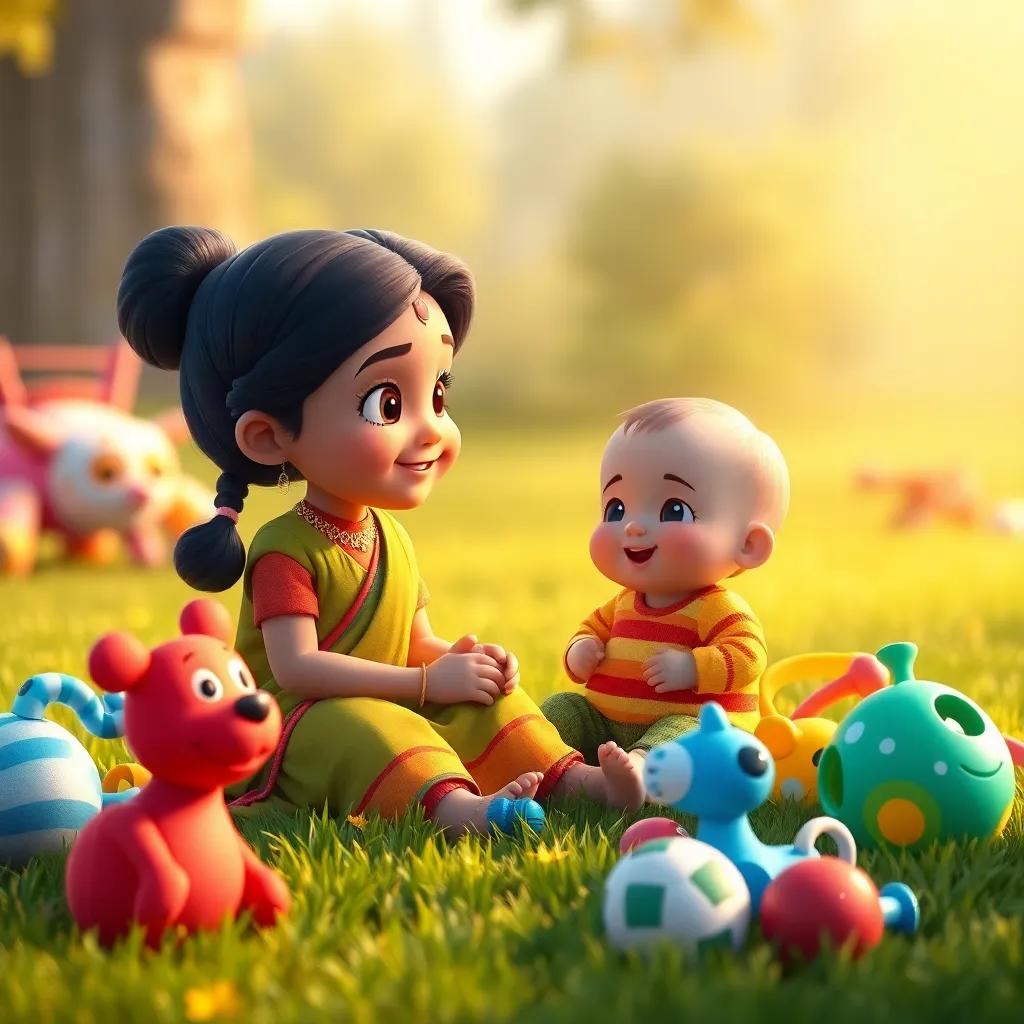 Shatha sitting on the grass, surrounded by colorful toys, looking proudly at her baby brother, playful scene, warm light, happy vibes, high quality