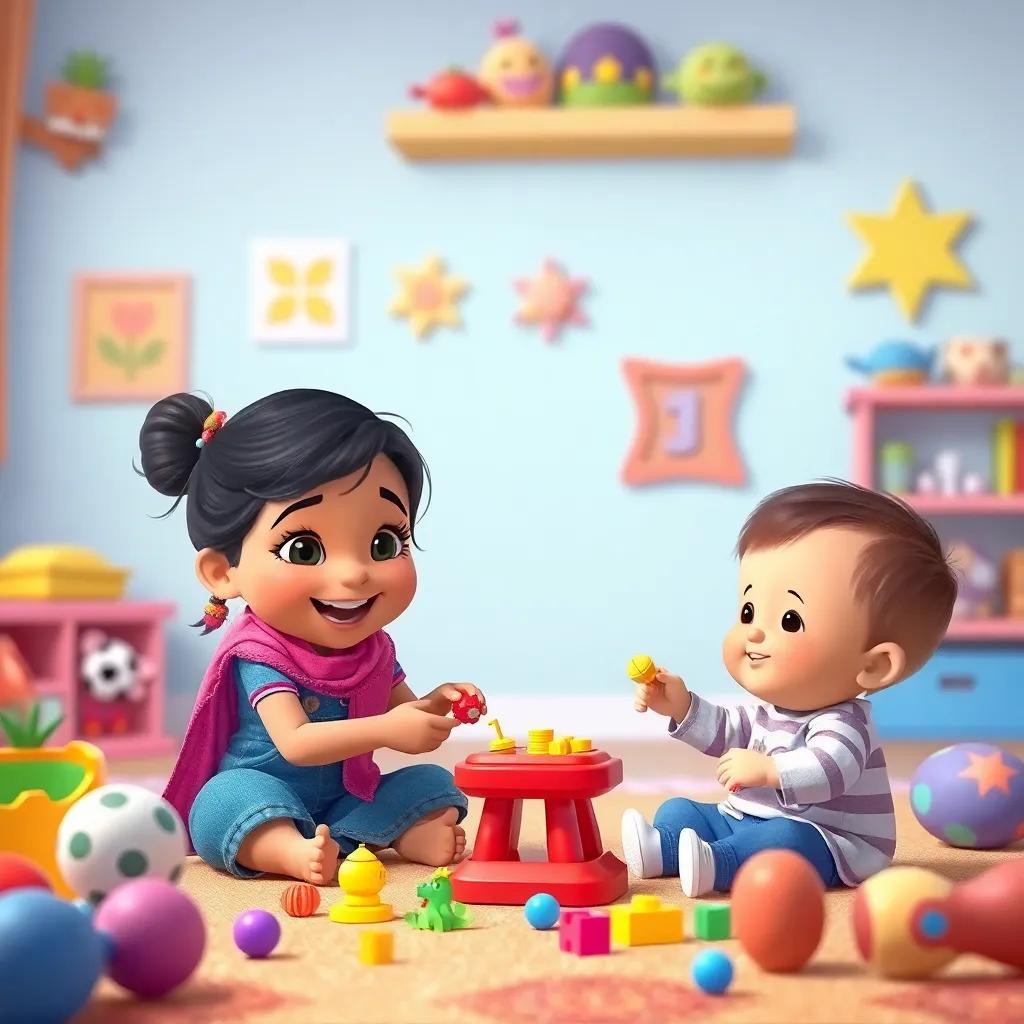 Shatha joyfully playing with her toys, showing a new fun game for her baby brother, colorful scene, playful environment, high quality