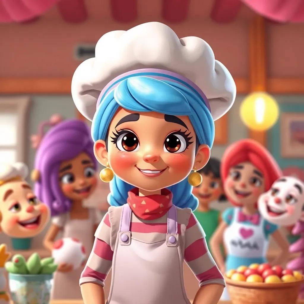 Shatha with a big hat pretending to be a baker, in a cheerful setting with friends around her, creative illustration, vibrant colors, joyful atmosphere, high quality