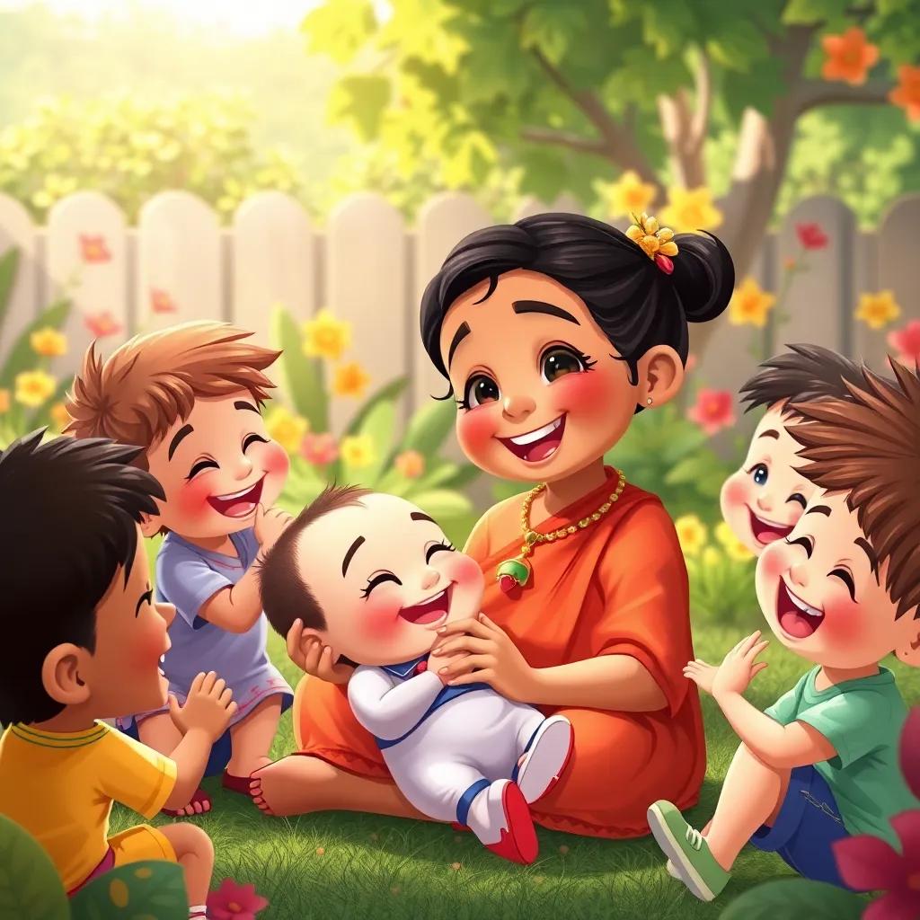 Shatha smiling at her baby brother, surrounded by playful children, sharing laughter and joy in the garden, warm colors, child-friendly illustration, high quality