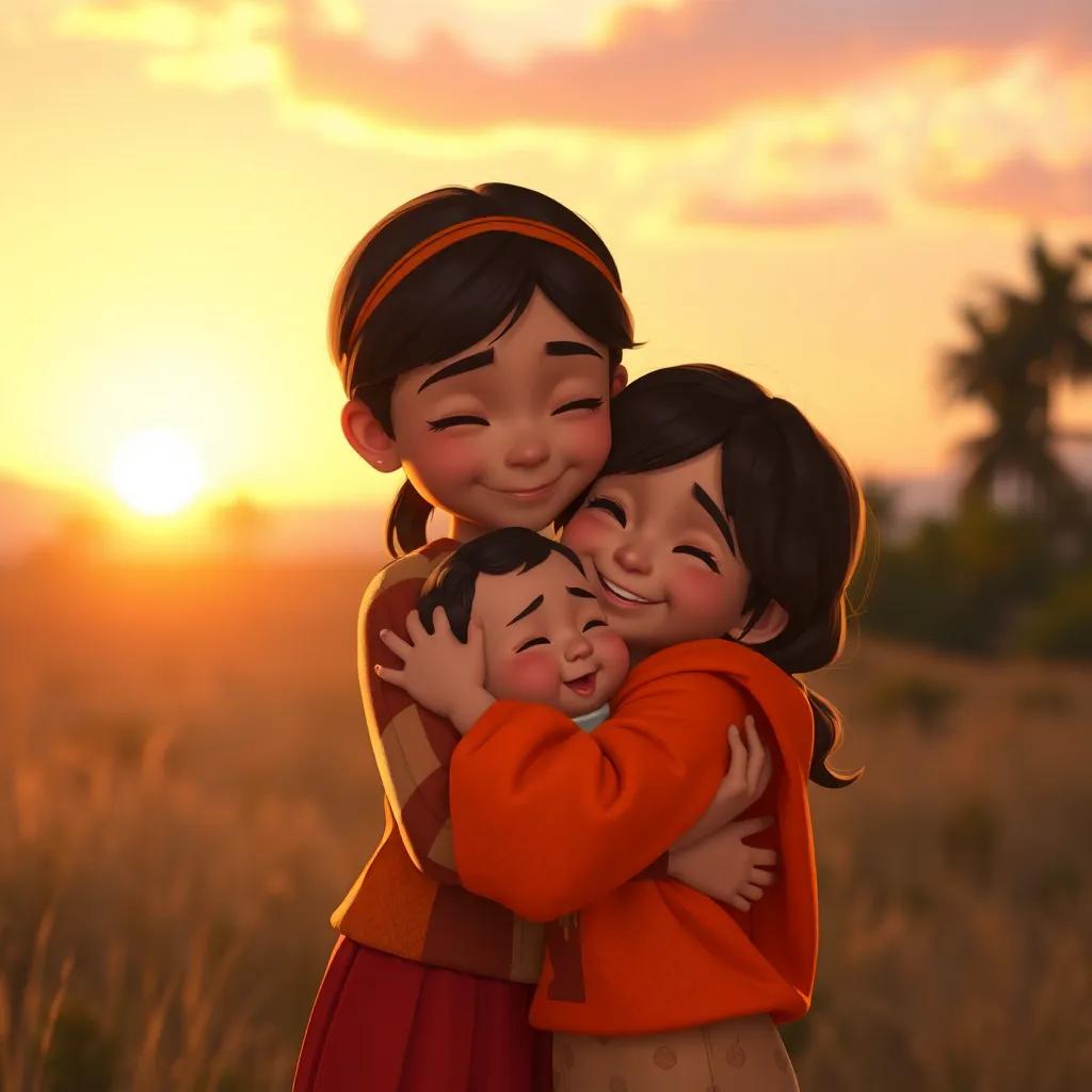 Shatha hugging her baby brother at sunset, both are happy and cozy, sweet moment, soft light, warm colors, heartwarming scene, high quality
