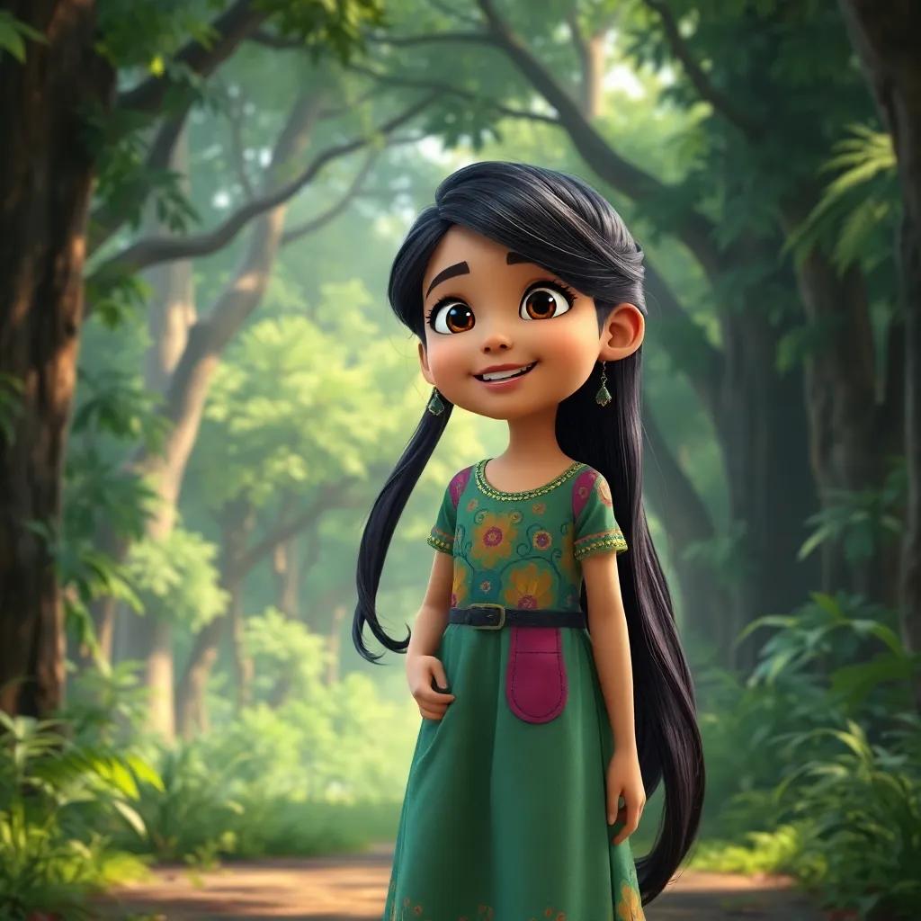 A young girl, Shadha, with long, dark hair, wearing a colorful dress, standing at the entrance of a dense green forest, excitement on her face, digital art, bright colors, inviting atmosphere, high quality
