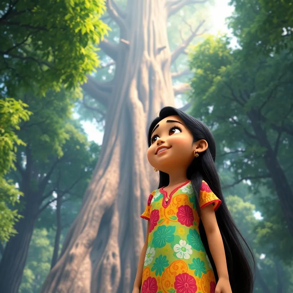 Shadha, a young girl with long dark hair wearing a colorful dress, surrounded by towering green trees, looking up in awe at the huge tree, cheerful, vibrant details