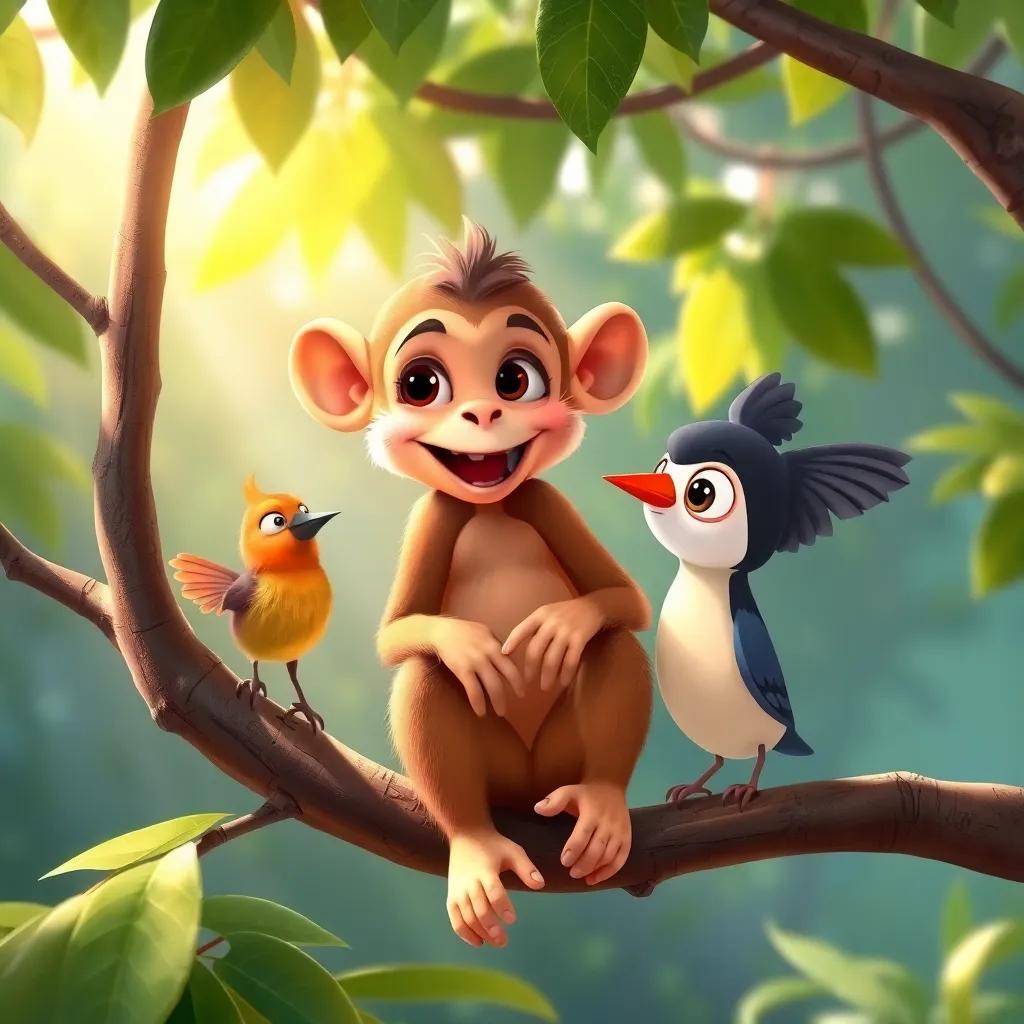 A small monkey sitting on a branch, talking to Shadha and a small bird, playful expressions, with lush foliage and sunlight filtering through the leaves, illustration, colorful and engaging