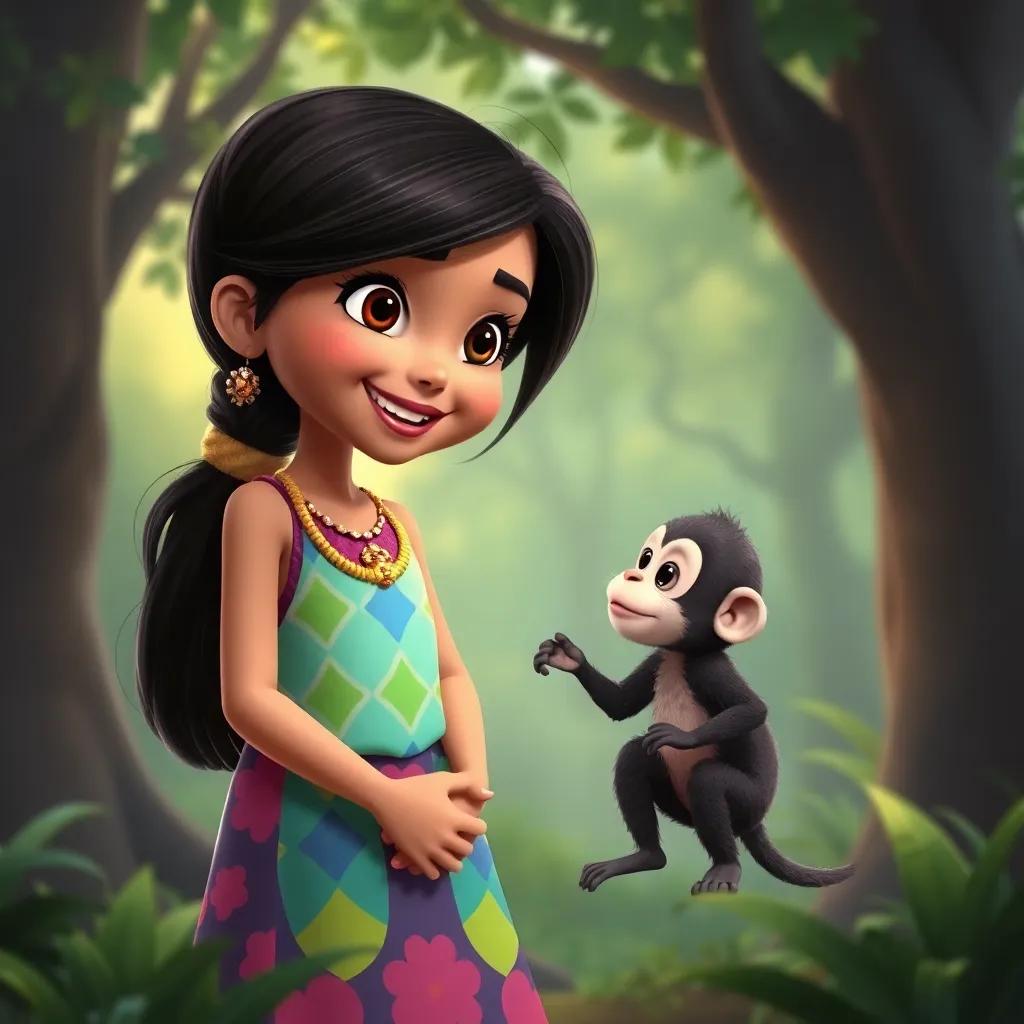 Shadha, a young girl with long dark hair in a colorful dress, talking to a small monkey in the forest, wearing a big smile, friendly and inviting atmosphere, lively