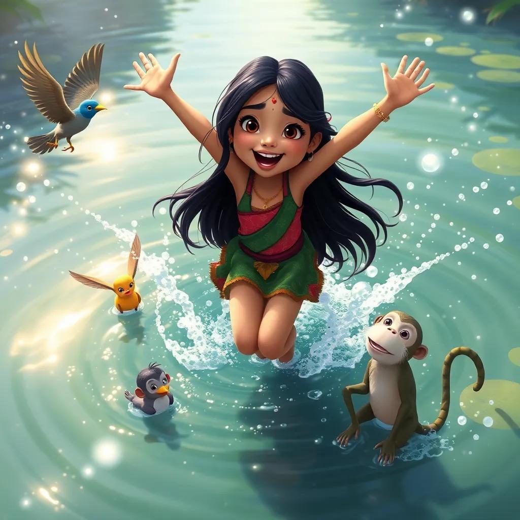 Shadha, a young girl with long dark hair, jumping into a sparkling water pond with a bird and monkey, water splashing around, joyful and adventurous vibe, colorful