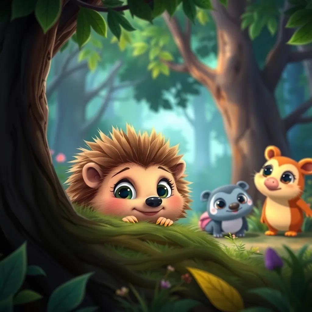 A curious hedgehog peeking from behind a bush, looking at Shadha and her friends with wide eyes, in a colorful, vibrant forest scene, detailed illustration