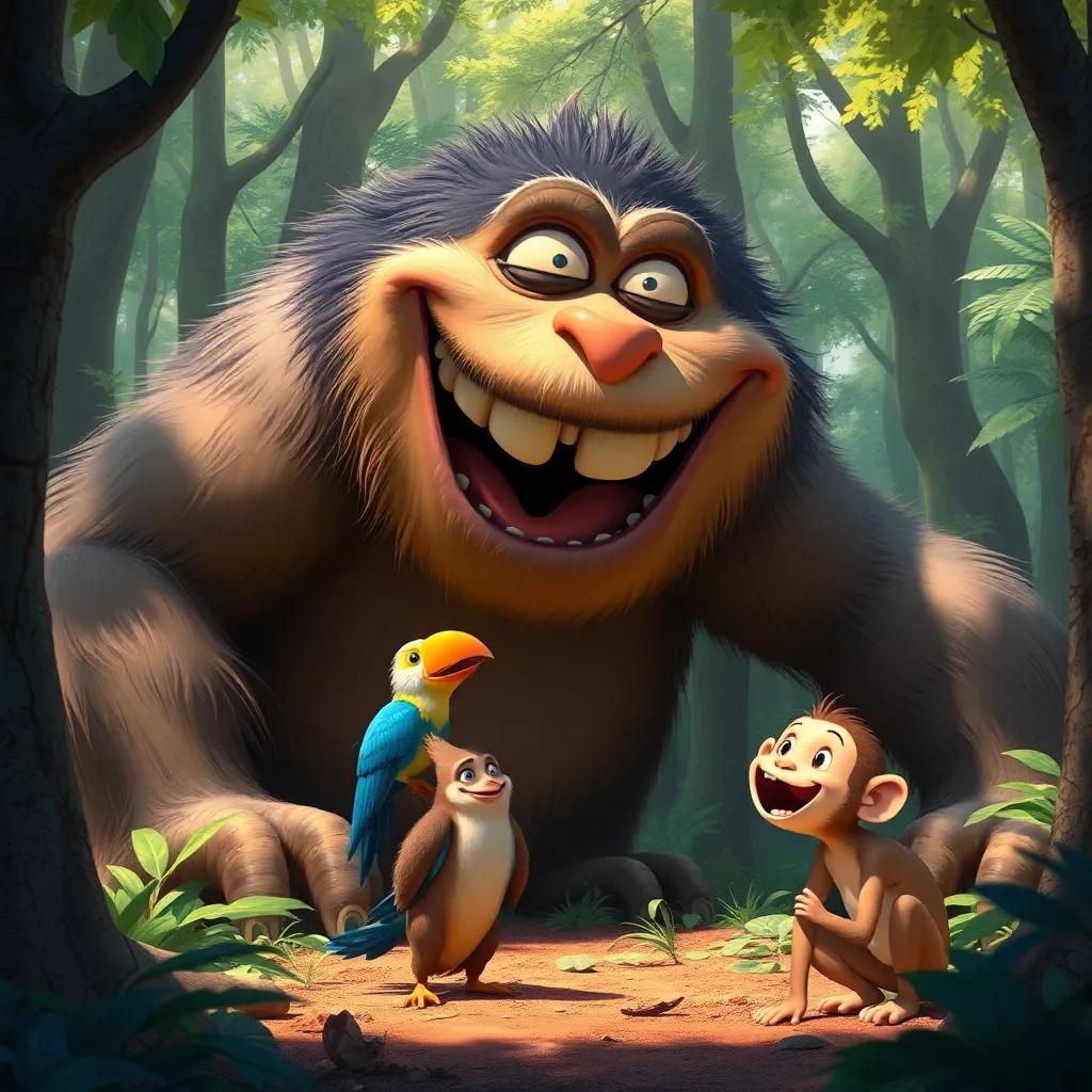 A friendly giant creature in the forest, laughing and playing, with Shadha, the bird, and the monkey looking surprised but curious, whimsical, colorful