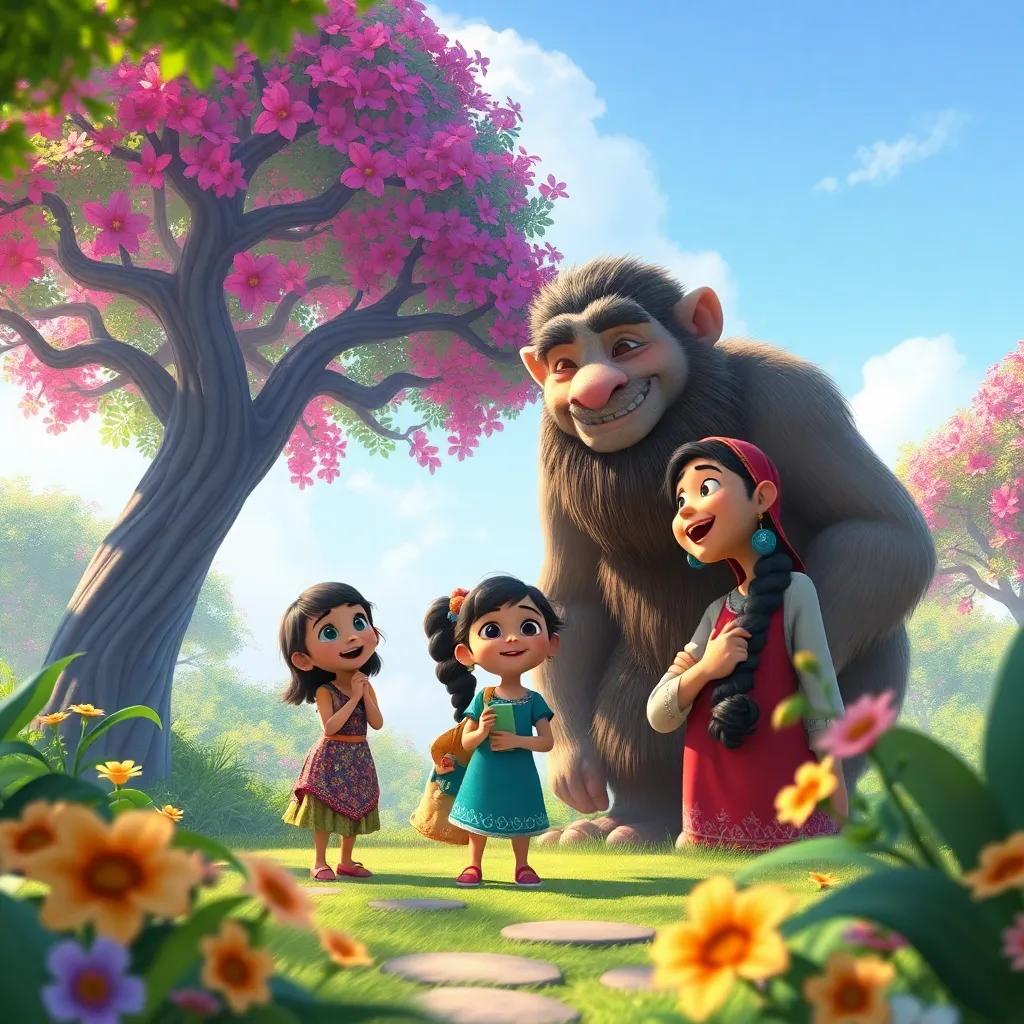 Shadha and her friends laughing and playing with the friendly giant, surrounded by beautiful trees and vibrant flowers, inviting and joyful atmosphere