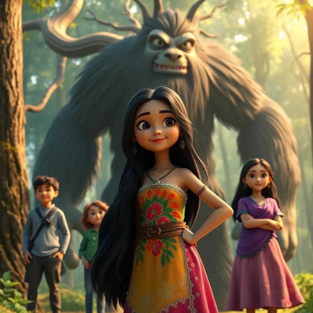 Shadha, a girl with long, dark hair in a colorful dress, standing confidently with her friends in front of the playful giant in the forest, adventurous vibe