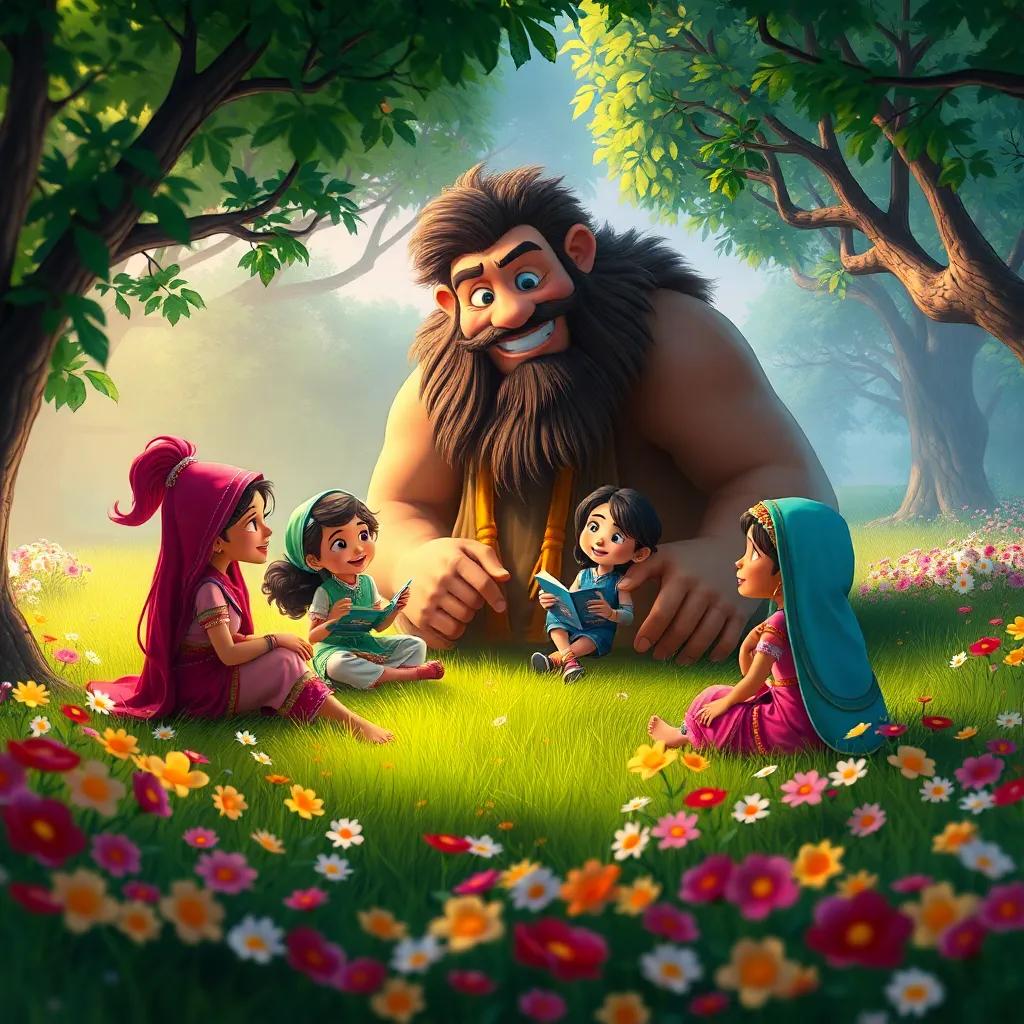 A joyful scene where Shadha and her friends are sitting around the playful giant, sharing stories in a big green clearing filled with flowers, warm and vibrant colors