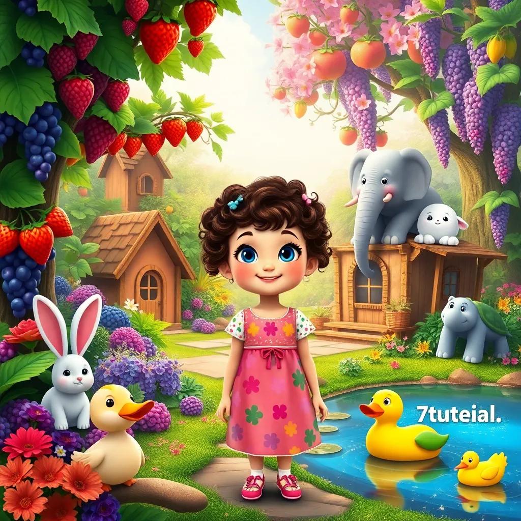 A cheerful 7-year-old girl, شهد, with curly brown hair and bright blue eyes, wearing a colorful dress, standing near a small cottage next to a magical forest filled with giant strawberry trees, purple grapevines, banana trees, and colorful berry bushes, with a friendly rabbit, a kind-eyed elephant, and a wise turtle smiling at her, alongside a rainbow-colored duck swimming in a sparkling pond, cartoon-style, vibrant colors, magical atmosphere.