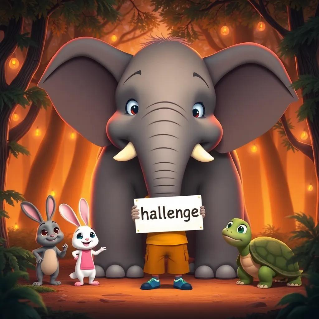 شهد standing confidently between a sad giant elephant and a rabbit and a turtle holding a 'Challenge' sign, the elephant with teary eyes, شهد pointing at the elephant with a big smile in a warm forest with glowing trees, cartoon style, warm colors, dramatic lighting.