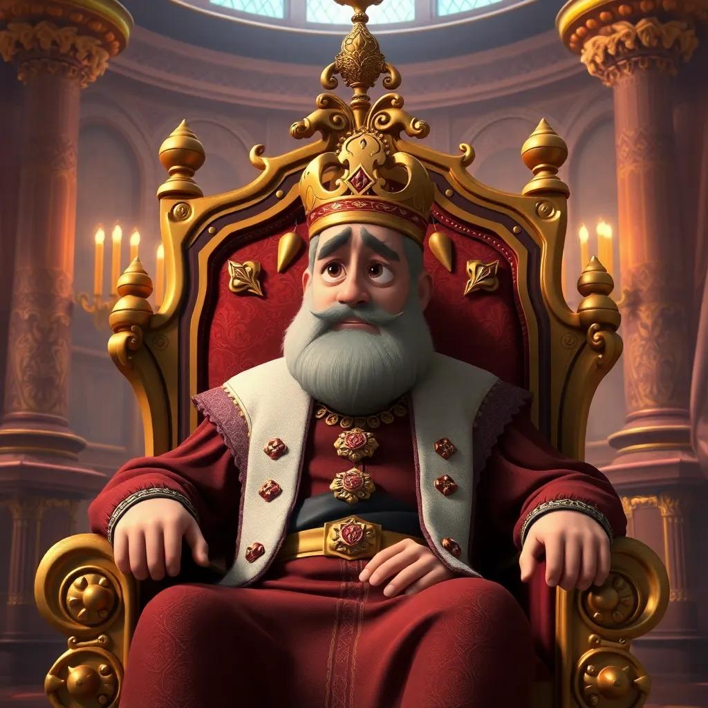A worried king sitting on a throne, wearing traditional royal clothes, looking thoughtful, in an ornate palace, surrounded by beautiful fabrics and gold details, digital art, warm colors, inviting atmosphere, high quality