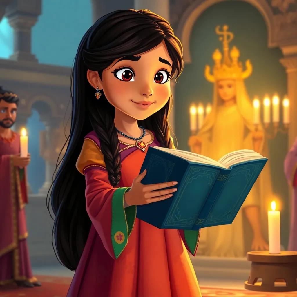 A young girl, Shahrazad, with long dark hair, wearing a vibrant flowing dress, standing in front of the king and narrating a story with a magical book, soft candlelight illuminating her face, detailed illustration, enchanting atmosphere, high quality
