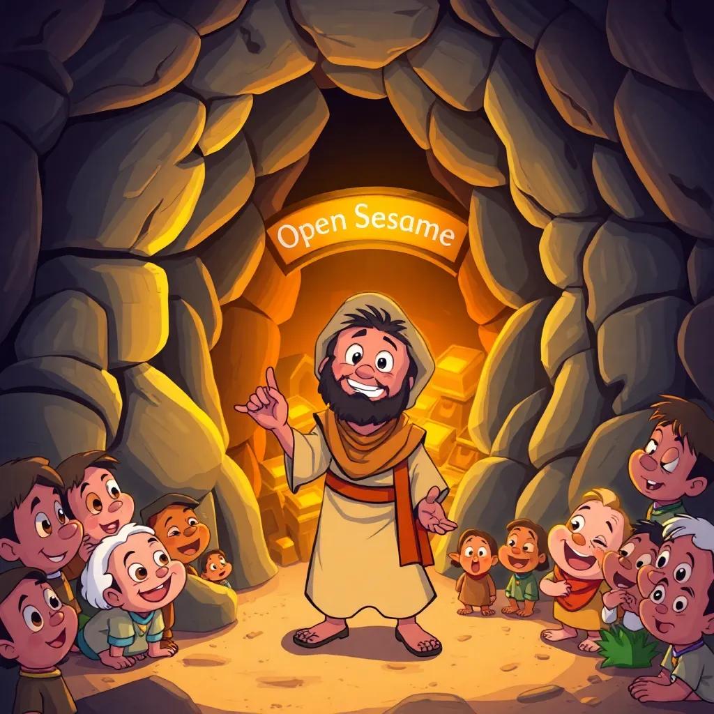 Ali Baba, dressed in humble clothes, discovering the secret cave with the entrance of 'Open Sesame', treasures glowing inside, surrounded by curious expressions, illustrated adventure scene, vibrant colors, magical feel, high quality