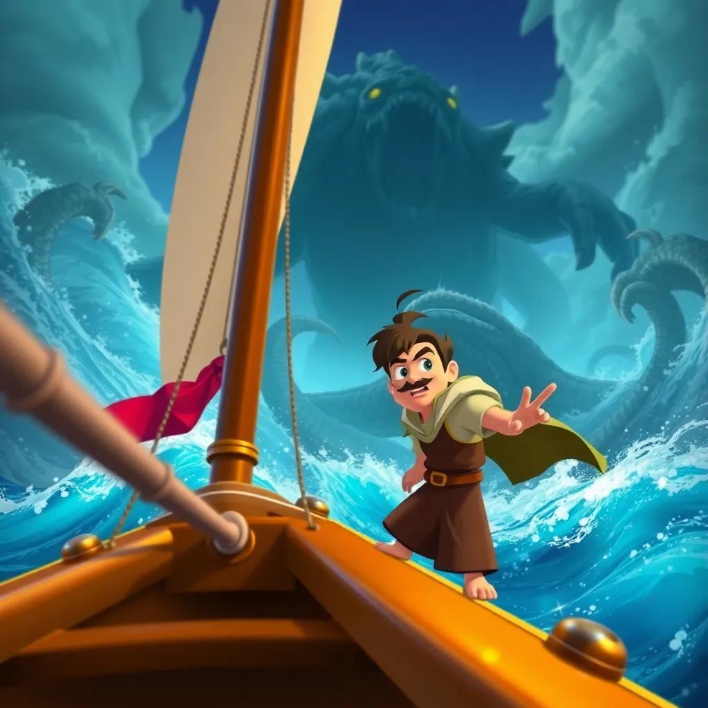 Sailor Sinbad on a large ship, facing giant monsters in stormy waves, with determination in his eyes, dynamic perspective, action-packed scene, children-friendly, high quality