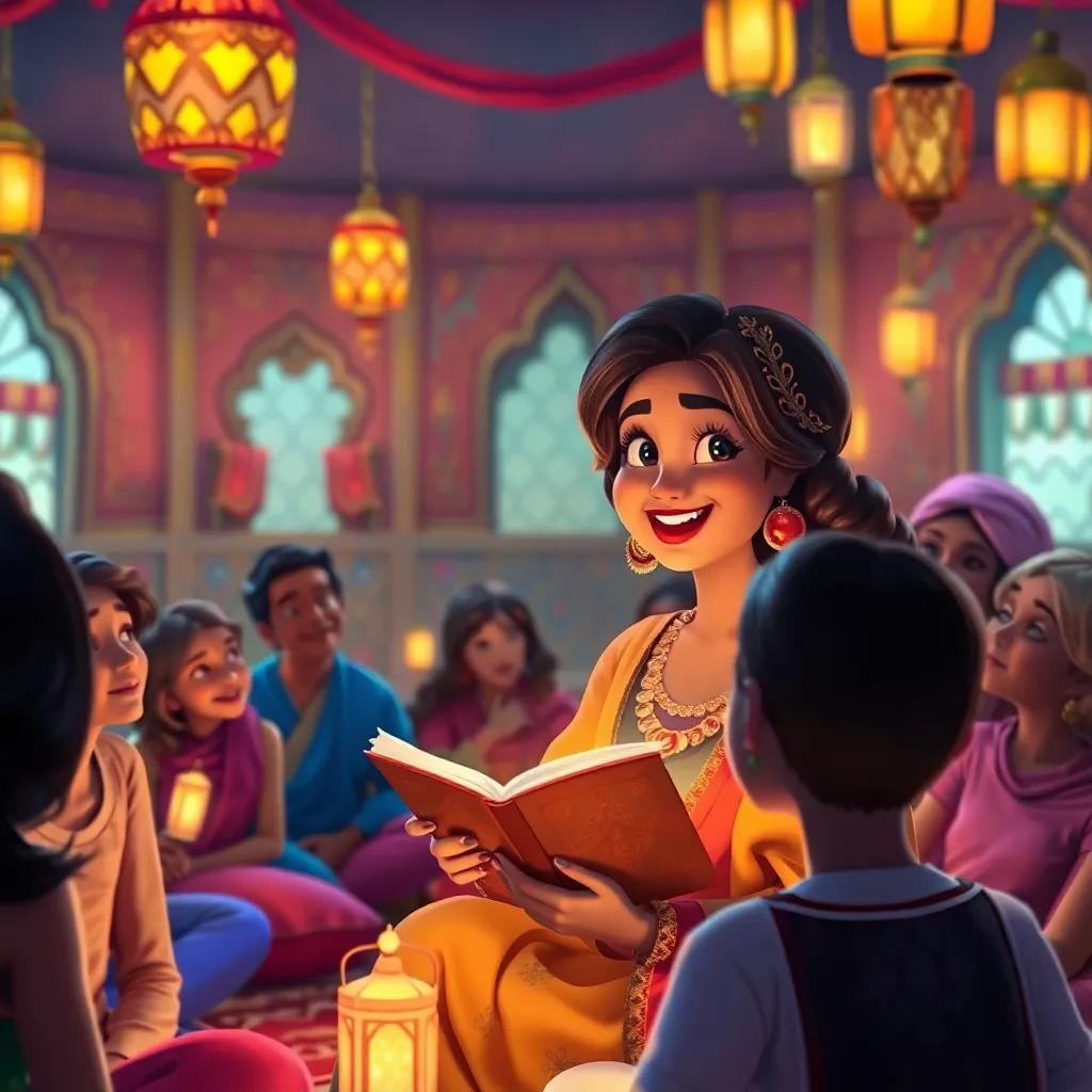 Shahrazad smiling as she tells her stories to a captivated audience, colorful room filled with cushions and lanterns, joy and warmth reflected on their faces, detailed art, lovely atmosphere, high quality