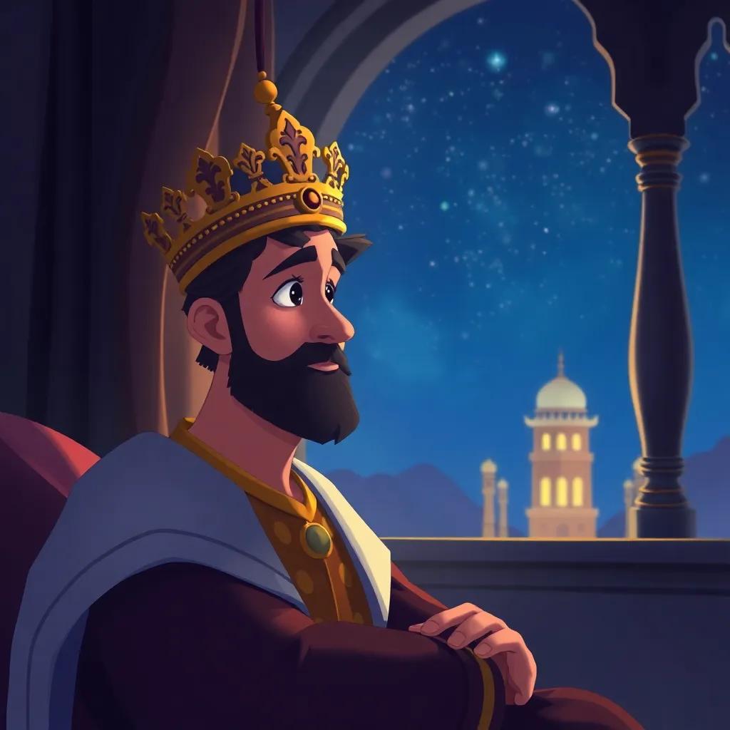 King Shahryar at night, pondering over the stories he heard, with a serene and thoughtful look on his face, starlit sky visible outside the palace window, calming illustration, gentle colors, high quality