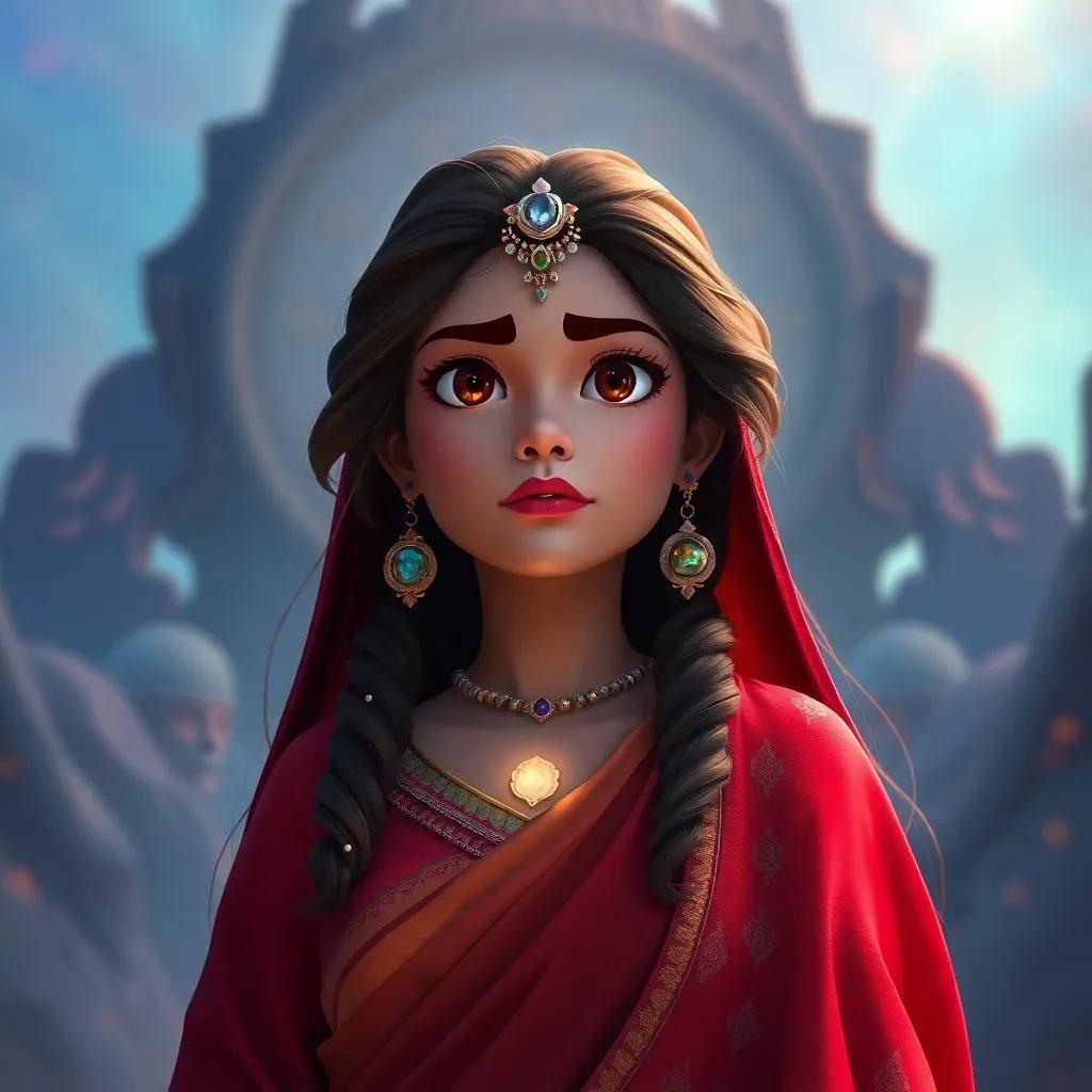Shahrazad looking brave, standing tall in front of a mystical backdrop, determined expression as she faces fears, colors of courage glowing around her, inspirational scene, high quality
