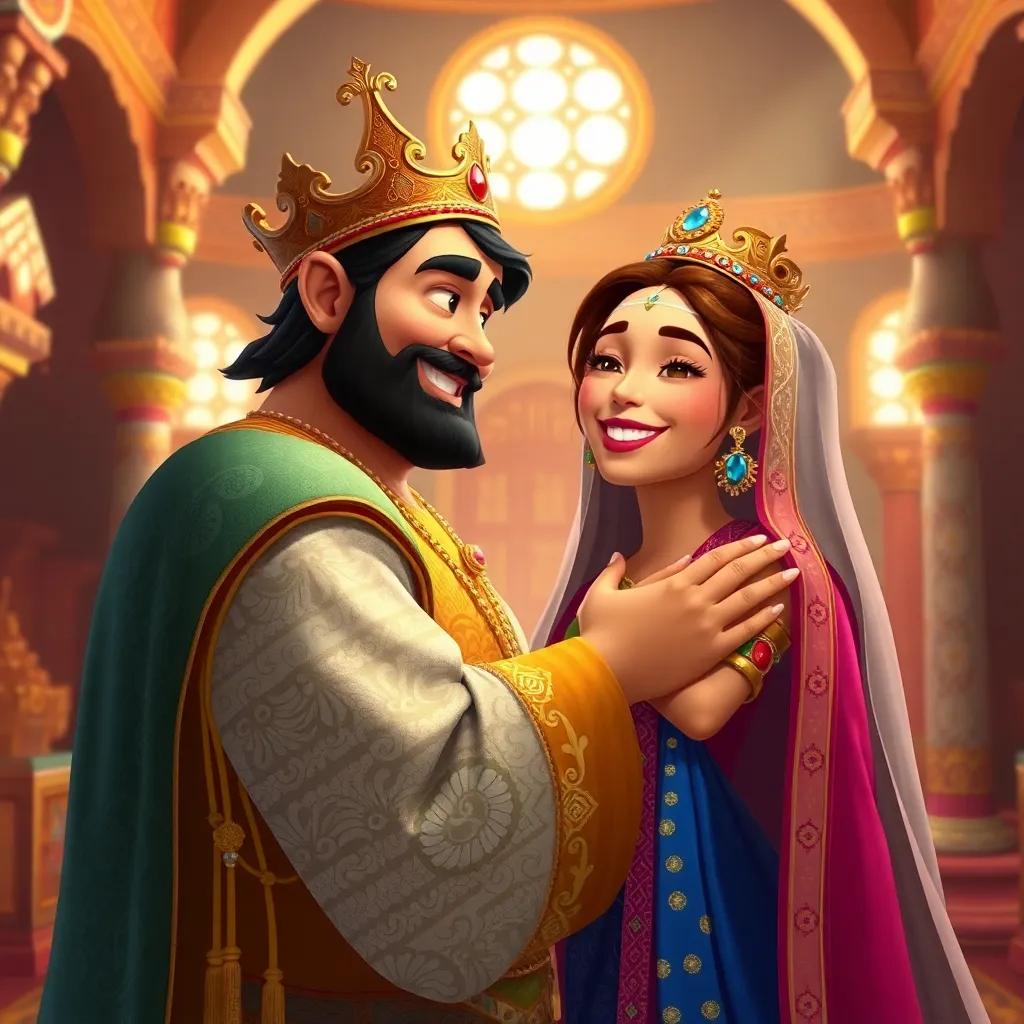 King Shahryar embracing Shahrazad with gratitude after her tales, a warm and joyous moment, beautiful palace interior, cheerful atmosphere, vibrant colors, high quality