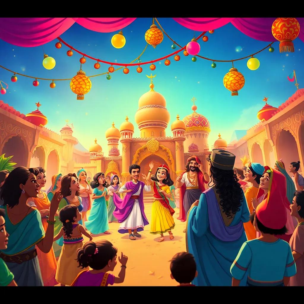 The kingdom celebrating happily after Shahrazad's tales, people dancing and laughing, colorful decorations around, festive mood, detailed art, bright and joyful, high quality