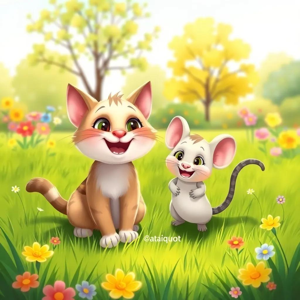 A cat named Qatqout and a mouse named Falful playing in a sunny park with green grass and colorful flowers, both smiling and happy, digital art, bright colors, cheerful atmosphere, high quality
