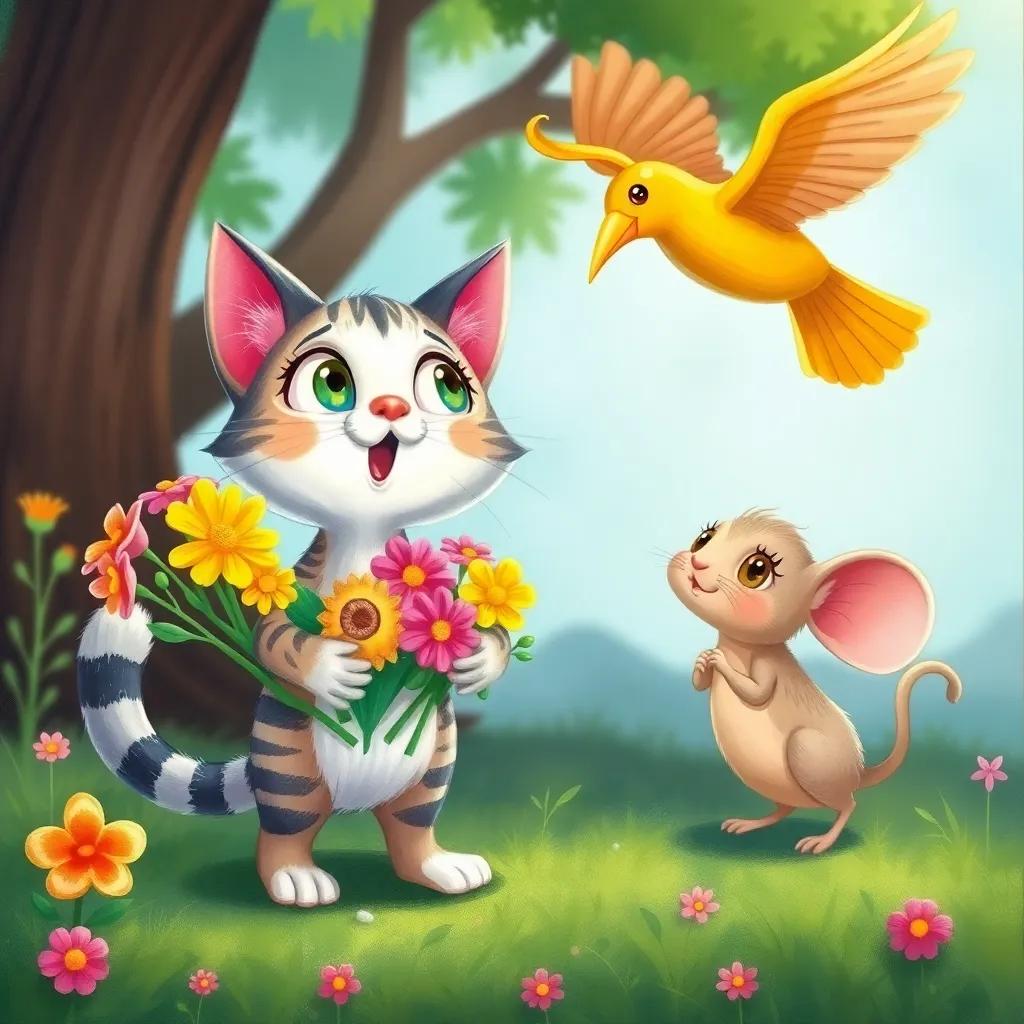Qatqout the cat and Falful the mouse carrying colorful flowers with a surprised look on their faces as a big bird appears, playful scene with vivid colors, cartoon style, high quality